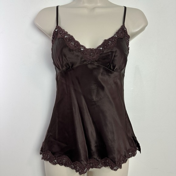 Vintage Gracie 100% Silk Y2K Babydoll Top Size M Brown Beaded Sequin Boho Fairy - Picture 1 of 9